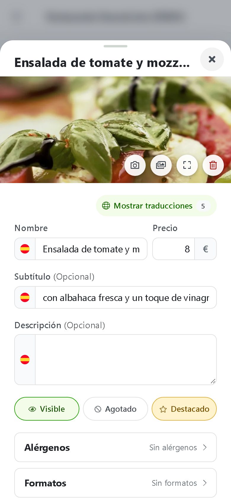 BuenaCarta dashboard: dish card with photo, name, price, description, allergens and serving sizes