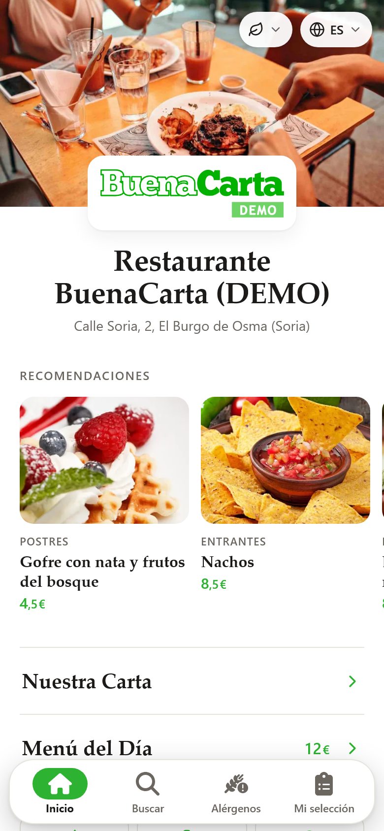 Cover of the QR menu with logo, photo, recommended dishes and buttons to call, WhatsApp and get directions