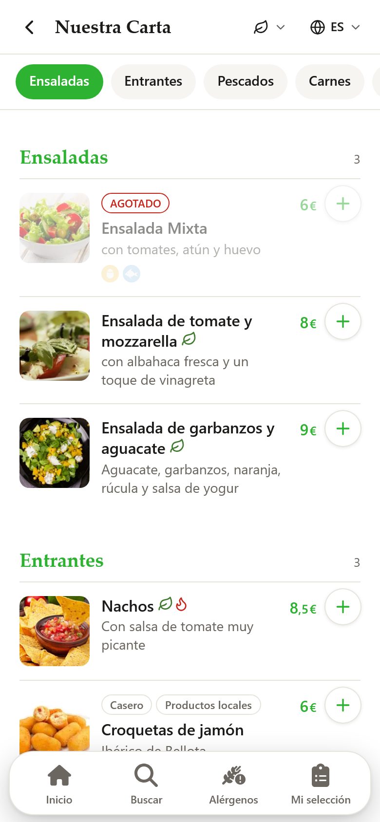 Dish sections of the digital menu with photos, prices and sold-out dishes