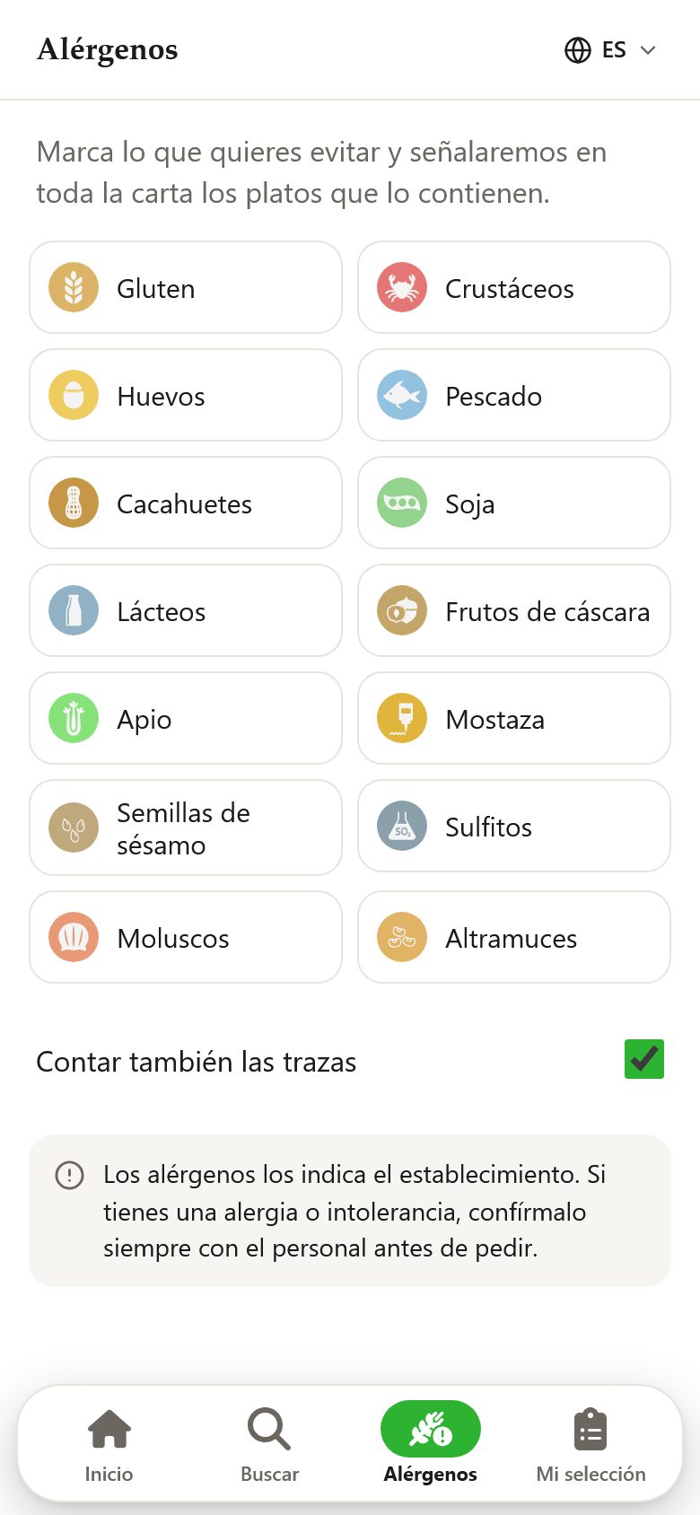 Allergen filter of the digital menu with the 14 allergens
